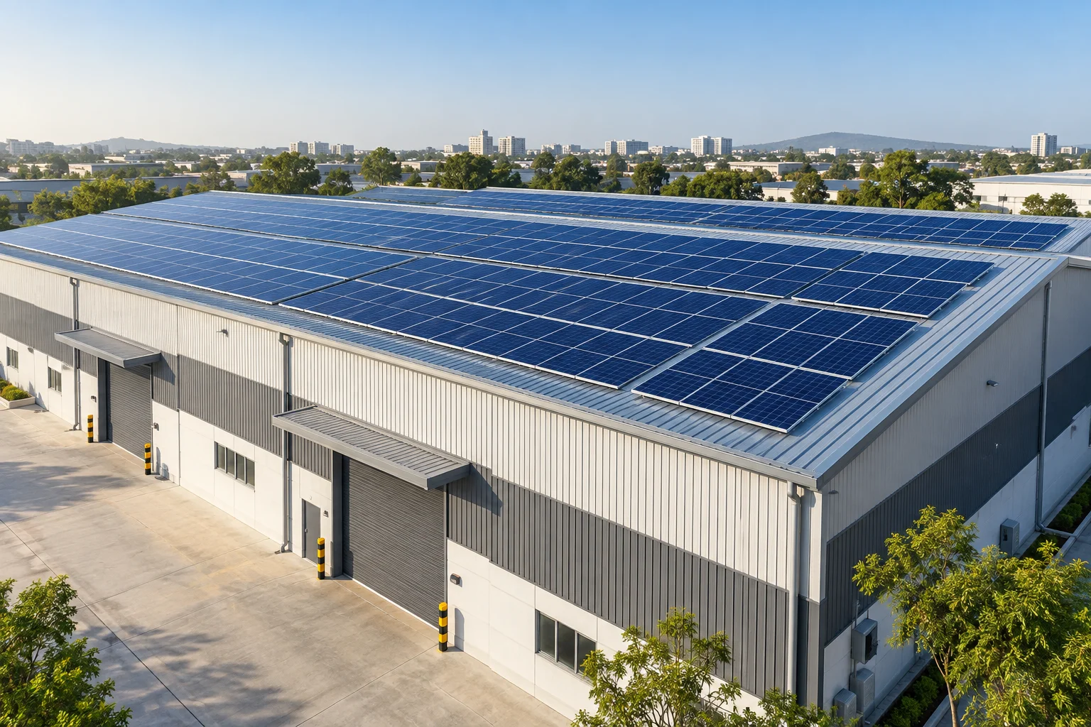 Illustrative commercial warehouse with rooftop solar panels
