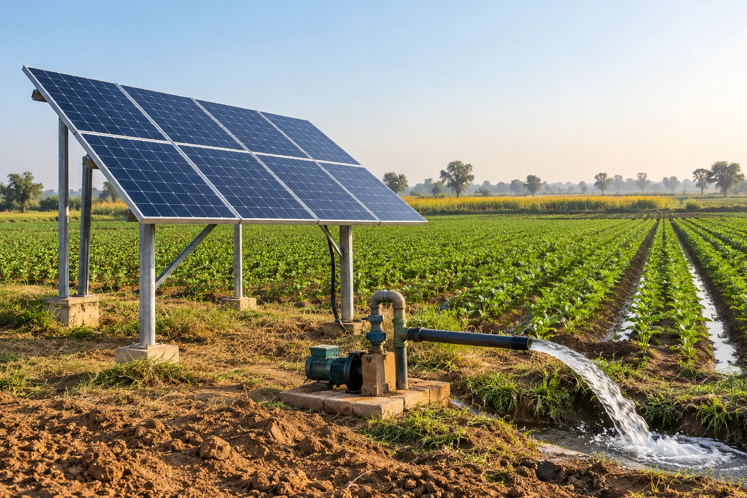 Illustrative solar panels powering agricultural irrigation