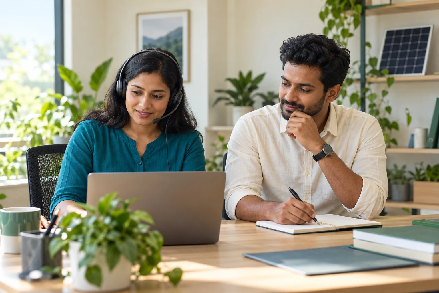 Illustration of customer support colleagues listening and taking notes