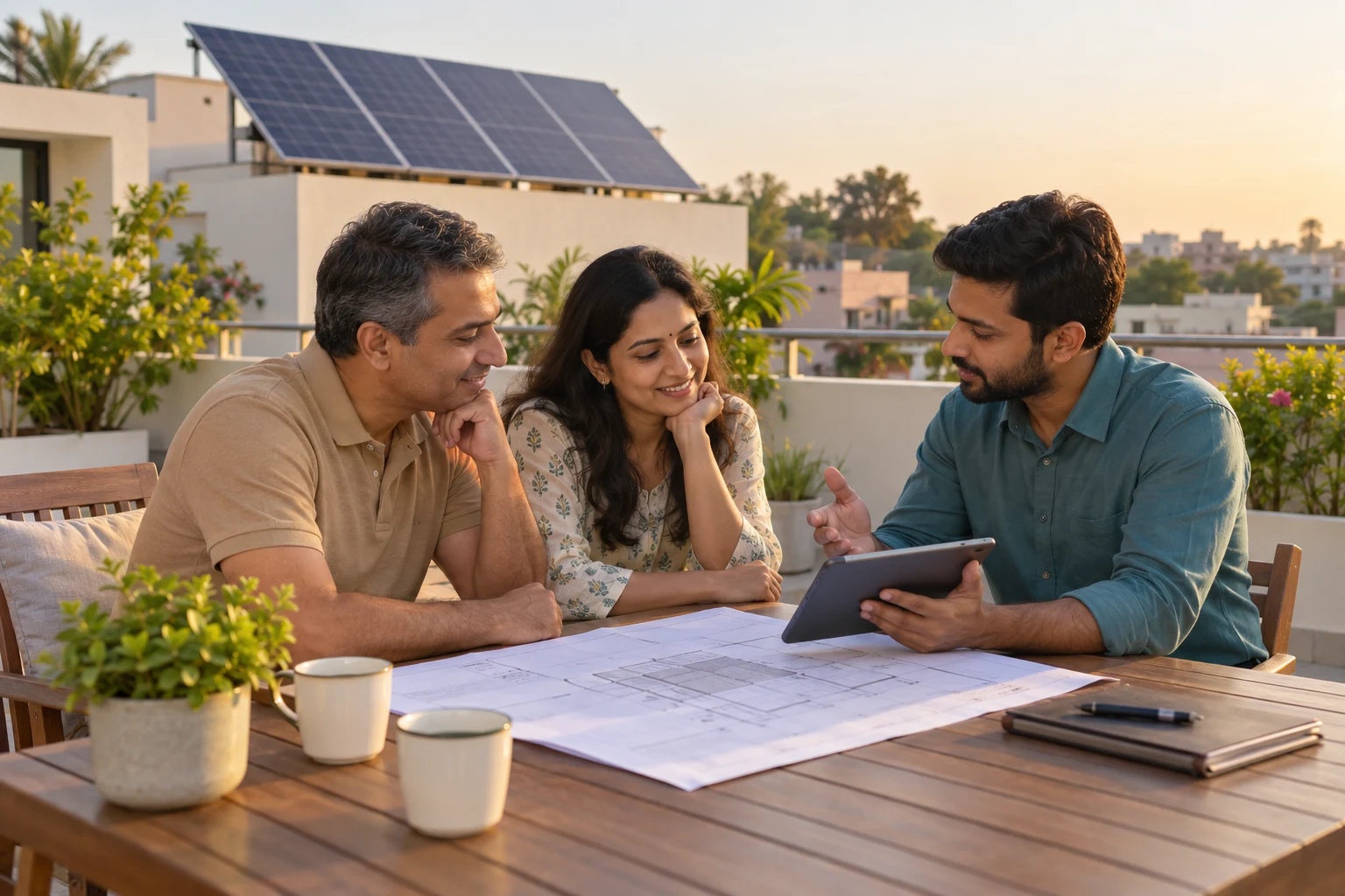 Illustration of homeowners discussing a solar project with an adviser