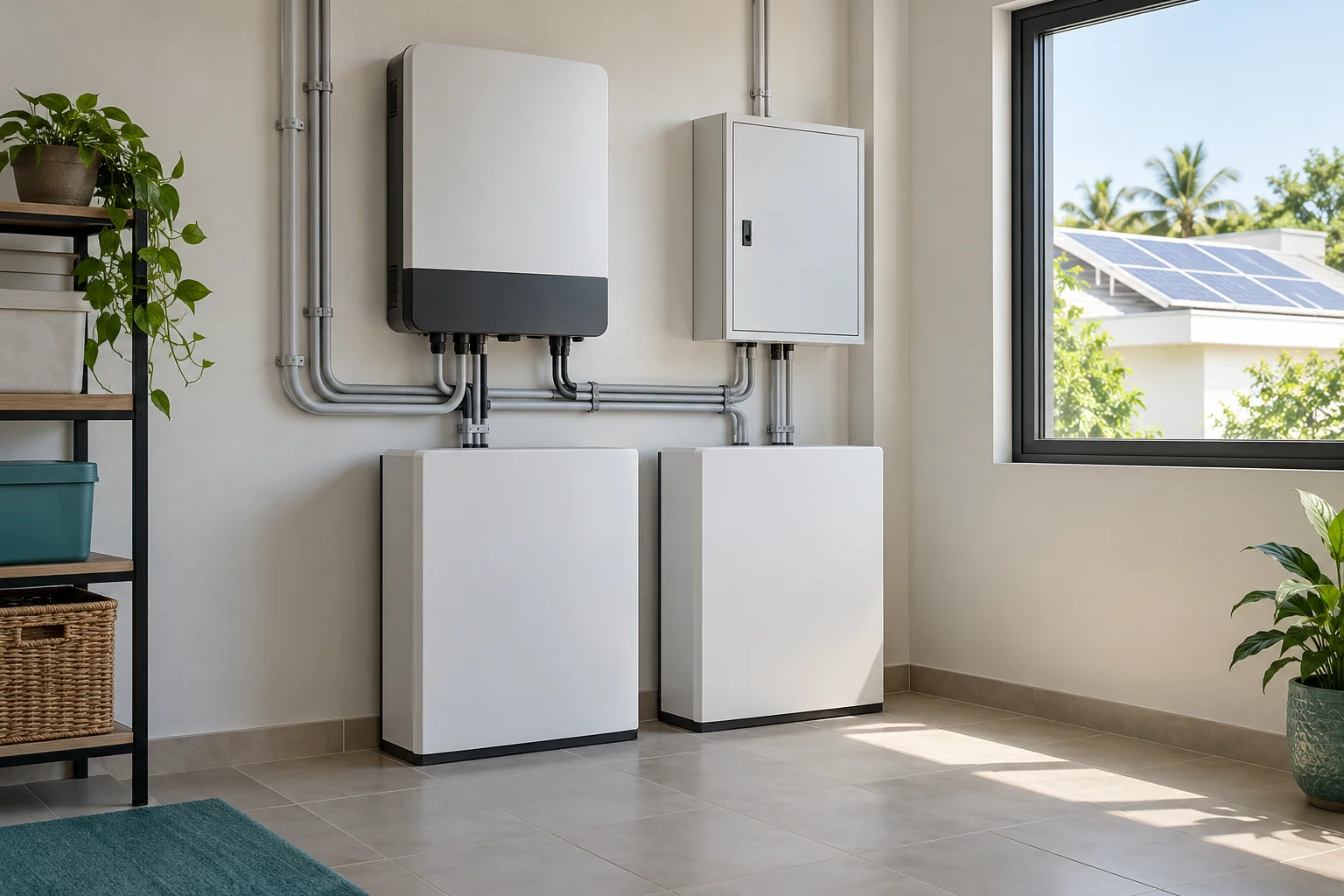 Wall-mounted solar inverter and enclosed battery storage units in a utility room.