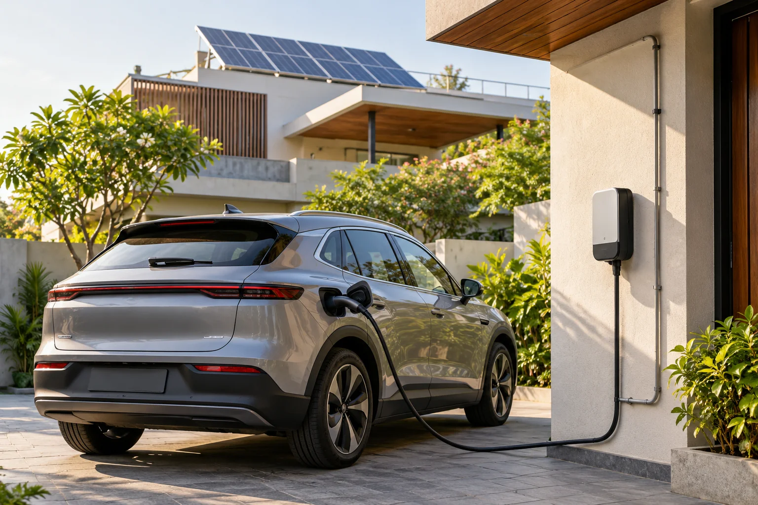 An electric car connected to a home charger beside a house with rooftop solar.