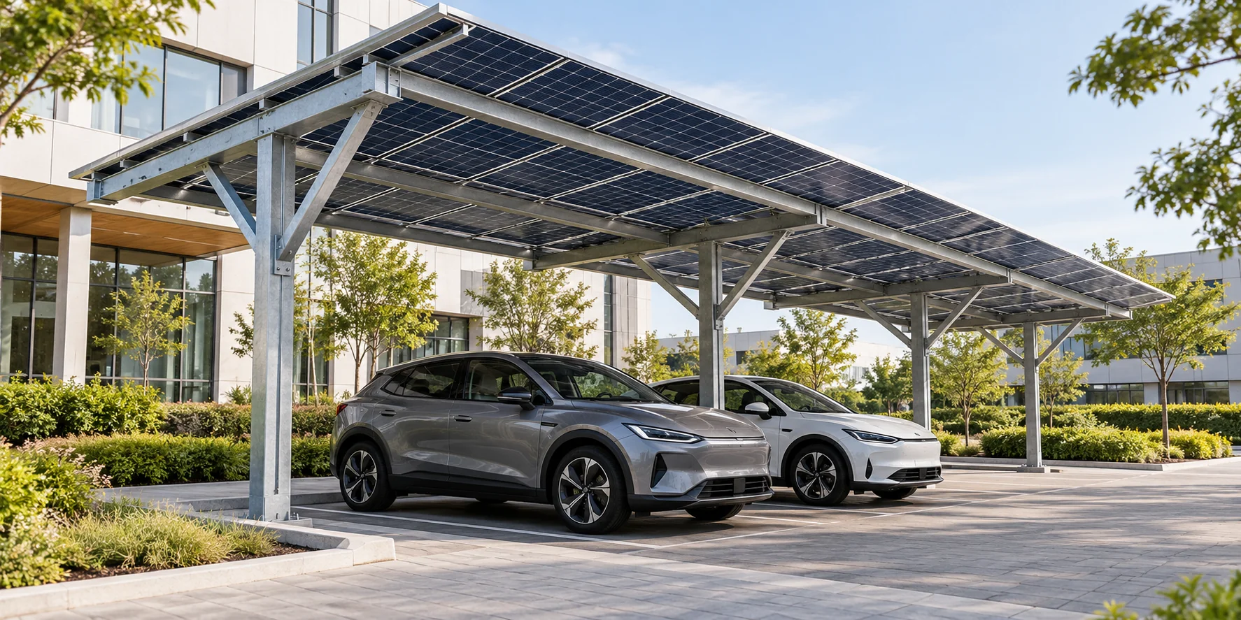 Steel solar carport structure with photovoltaic panels above parked cars.