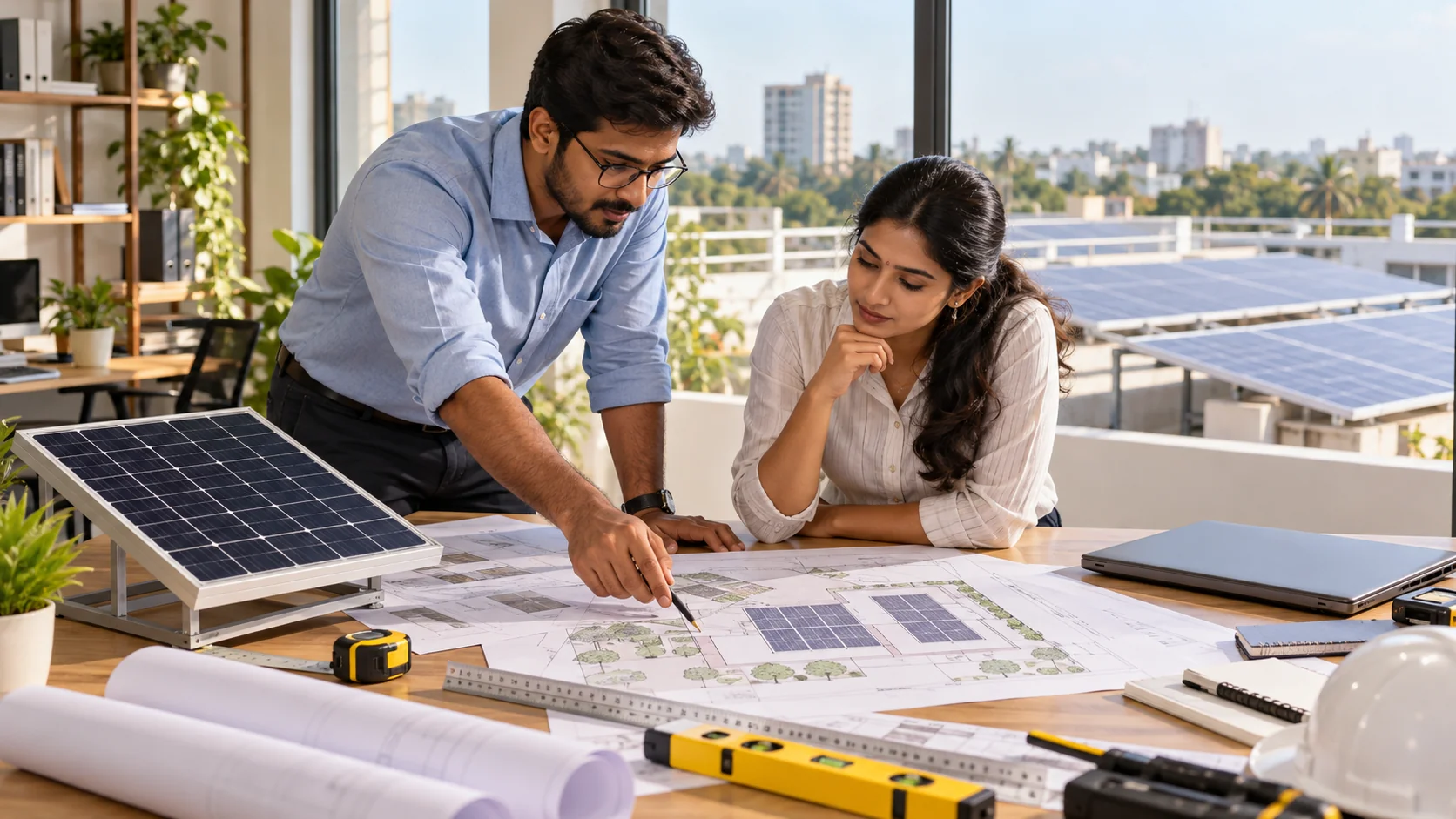 Solar engineers discussing a roof layout and project drawings.