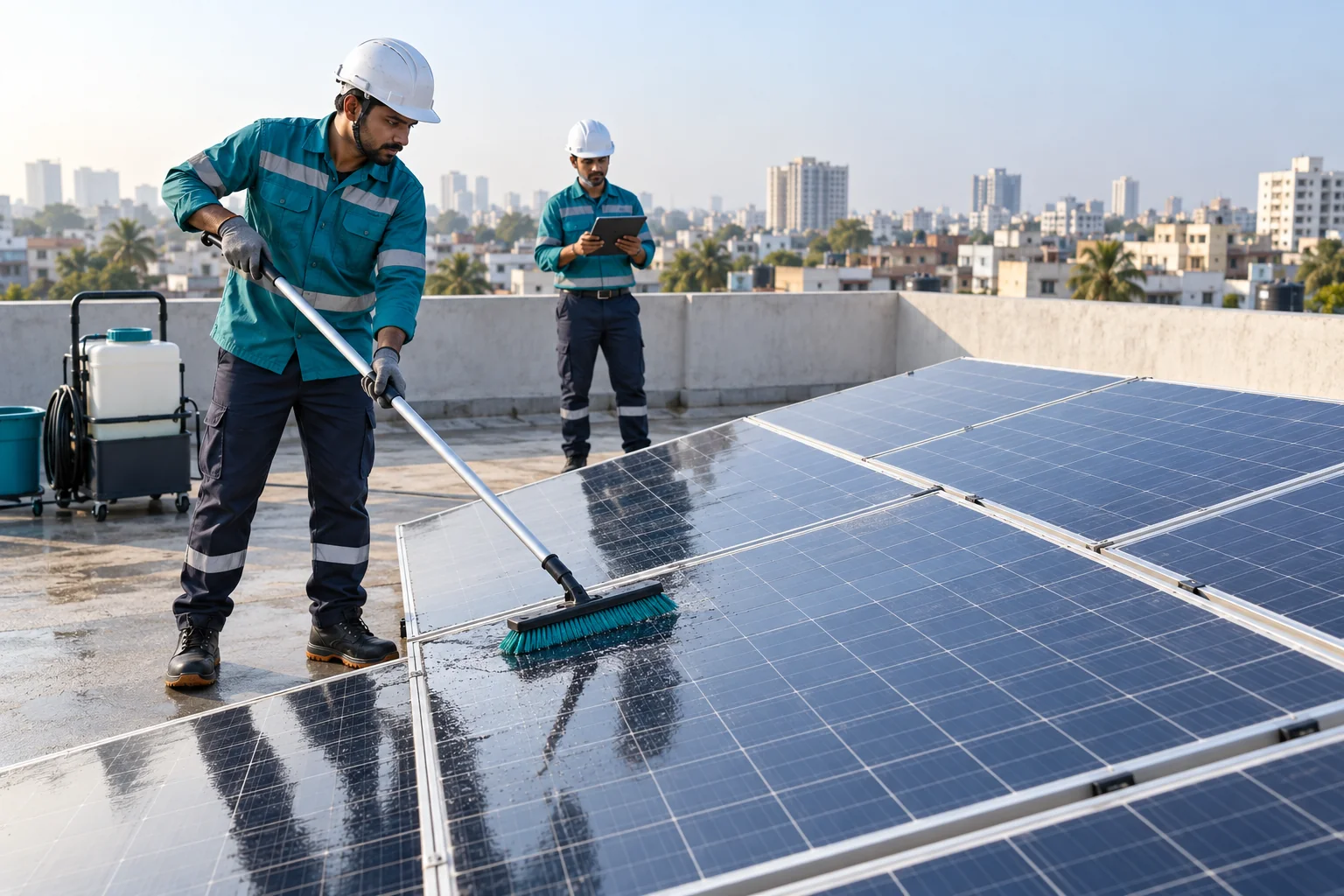 Solar technicians cleaning and inspecting a rooftop panel array.