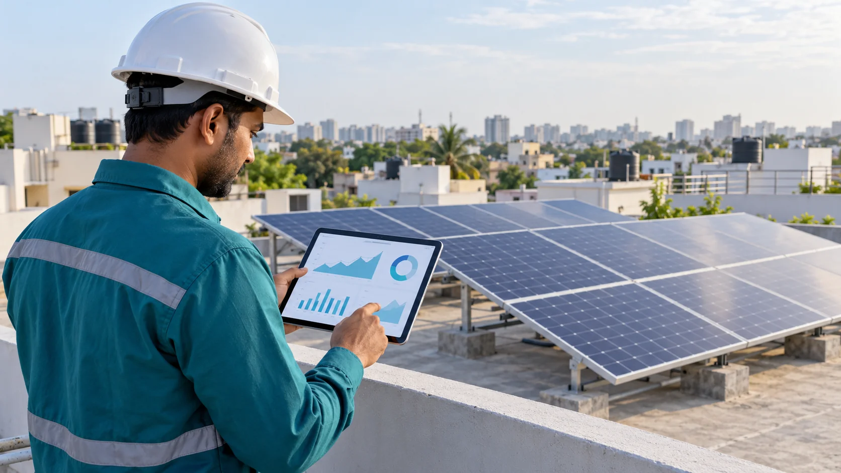 A solar engineer reviewing generation information on a tablet beside rooftop panels.