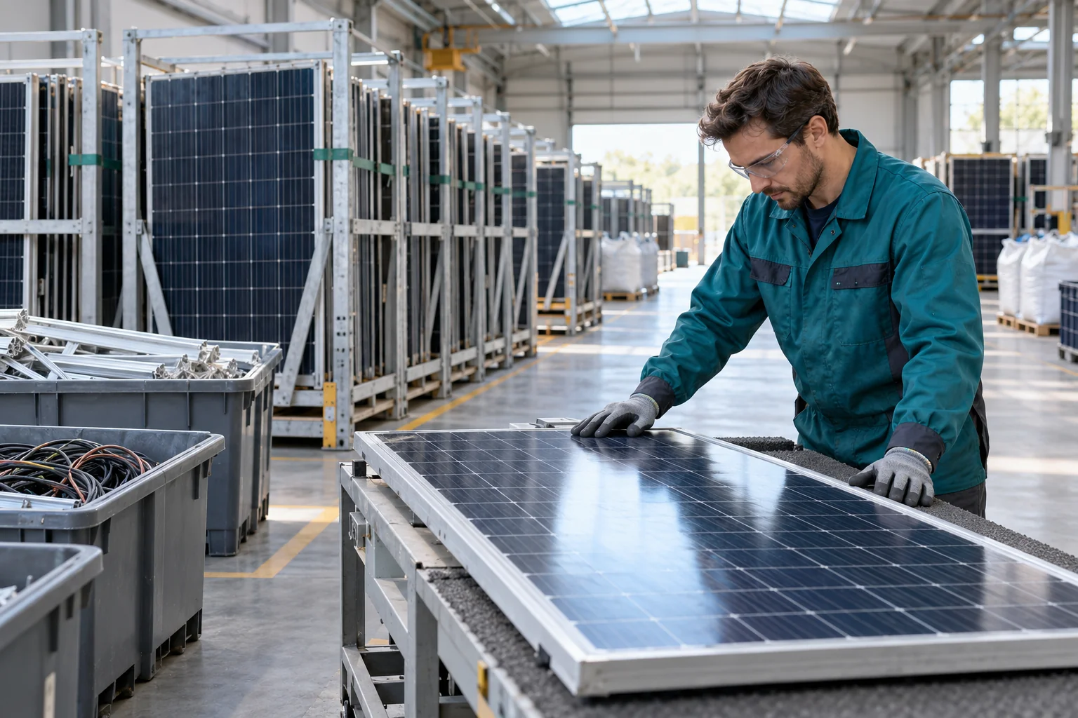 A worker inspecting a retired solar panel beside organised module storage racks.